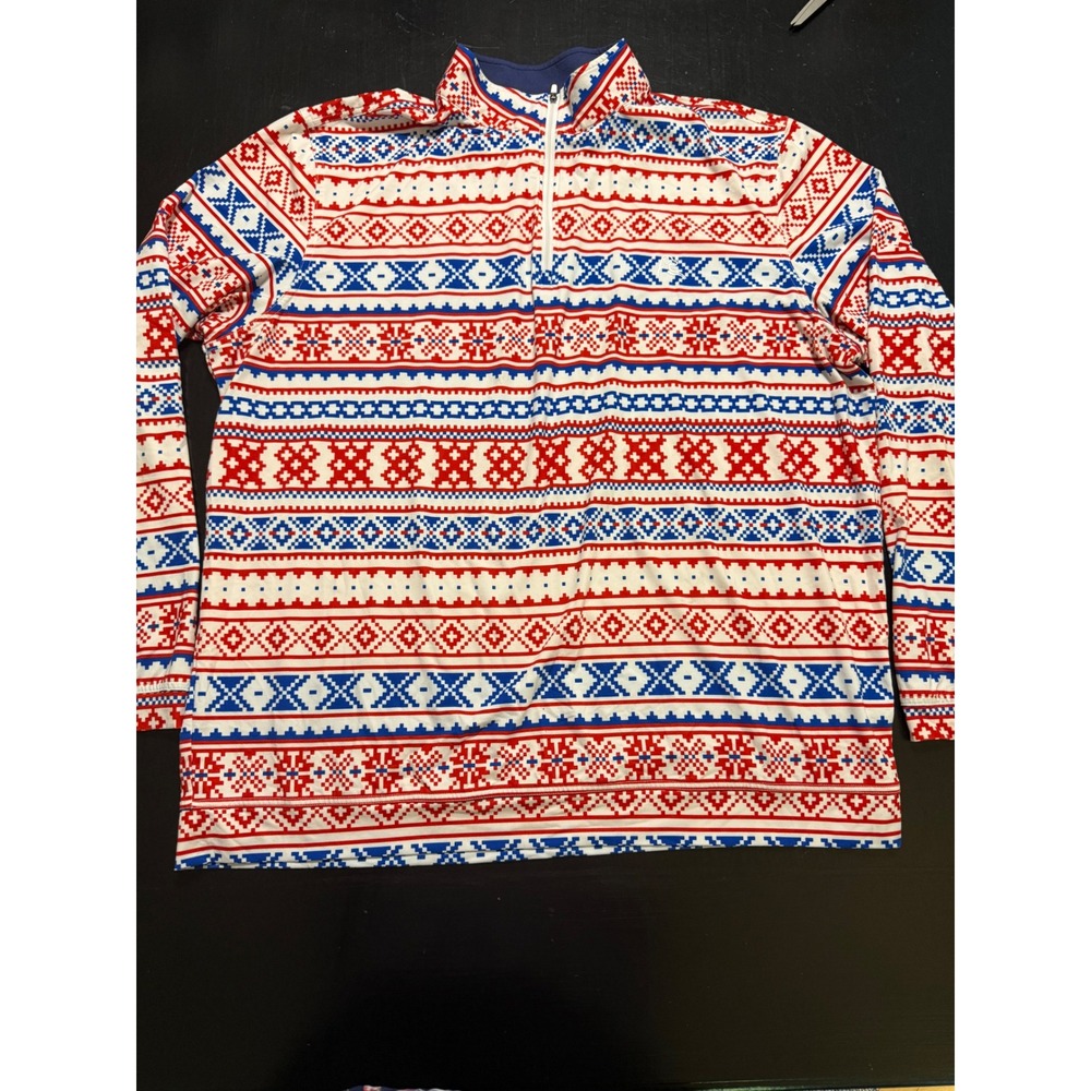 Rhoback‎ Mens XXL Quarter Zip Pullover Fair Isle Red White Blue Performance Top